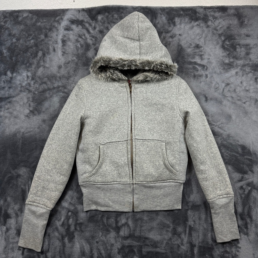 Fusion Denim Zip Up Hoodie Womens Medium Gray Faux Fur Lined Y2K Sweatshirt